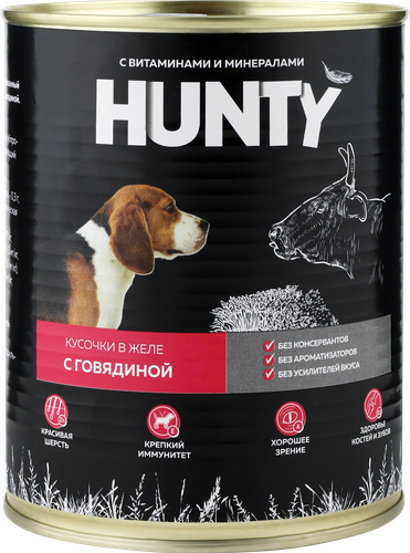 Корм консервированный для собак HUNTY сочные кусочки в желе с говядиной, 850г, вид