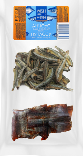Снеки рыбные WISH FISH Микс, анчоус Столефорус, тушка и рыбка Янтарная (северная путассу), кусочки, 70г, фото