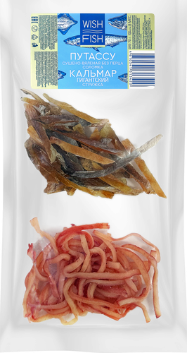 Снеки рыбные WISH FISH Микс, северная Путассу без перца, соломка и кальмар со вкусом краба, стружка, 70г, картинка