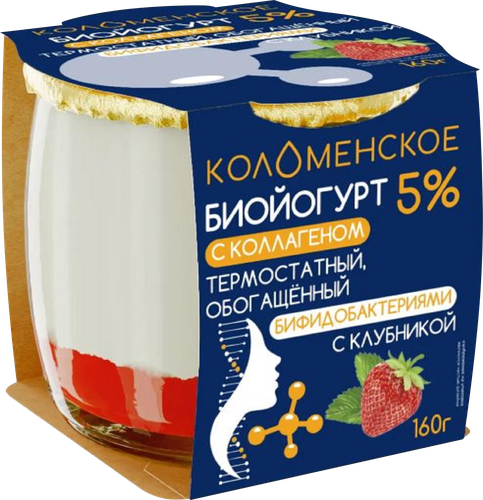 Биойогурт термостатный КОЛОМЕНСКИЙ Клубника, с коллагеном, обогащенный бифидобактериями 5%, без змж, 160г, фото