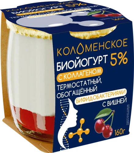 Биойогурт термостатный КОЛОМЕНСКИЙ Вишня, с коллагеном, обогащенный бифидобактериями 5%, без змж, 160г, картинка