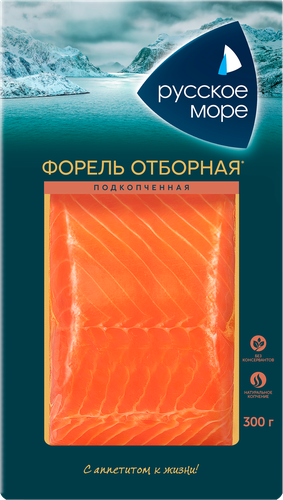 Форель&nbsp;подкопченная&nbsp;РУССКОЕ МОРЕ филе-кусок,&nbsp;300г, крупный план