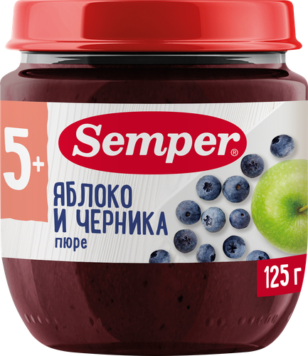 Пюре фруктово-ягодное SEMPER Яблоко и черника, с 5 месяцев, 125г, детальное фото