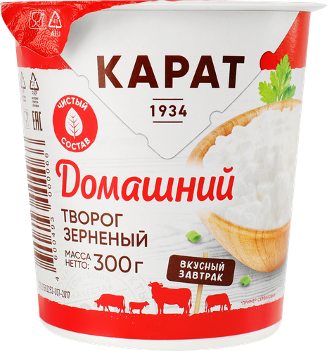 Творог зерненый КАРАТ Домашний 4%, без змж, 300г, крупный план