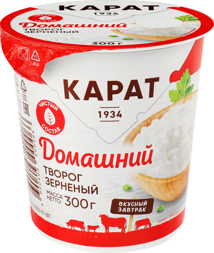 Творог зерненый КАРАТ Домашний 4%, без змж, 300г, крупный план