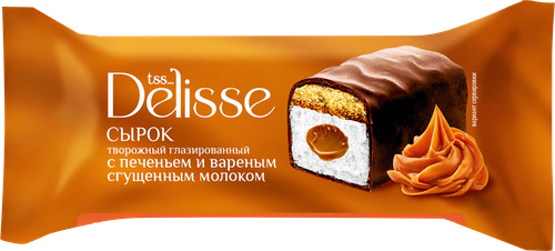 Сырок творожный глазированный DELISSE с вареной сгущенкой и печеньем 26%, без змж, 40г, крупный план