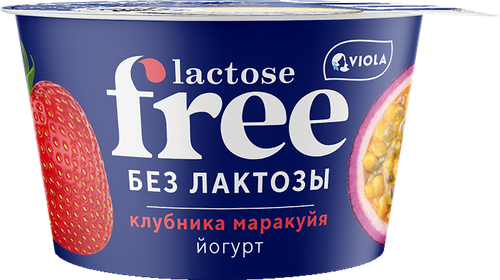 Йогурт VIOLA Free безлактозный с наполнителем Клубника, маракуйя 2,7%, 
без змж, 180г, вид