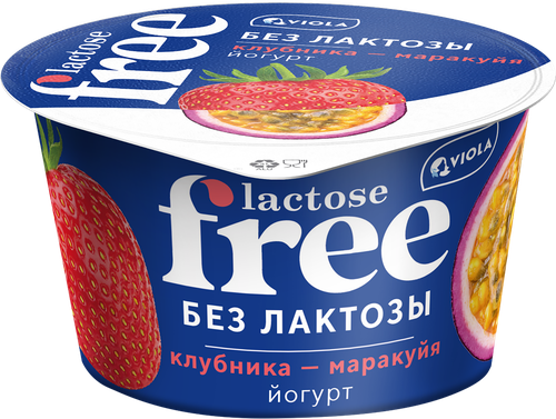 Йогурт VIOLA Free безлактозный с наполнителем Клубника, маракуйя 2,7%, 
без змж, 180г, фотография