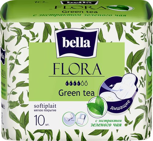 Прокладки гигиенические BELLA Flora Green tea, 10шт, крупный план