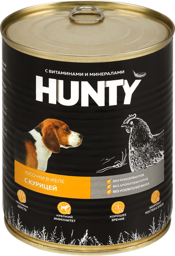 Корм консервированный для собак HUNTY Сочные кусочки в желе с курицей, 850г, изображение