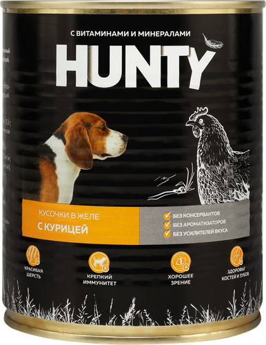 Корм консервированный для собак HUNTY Сочные кусочки в желе с курицей, 850г, фото