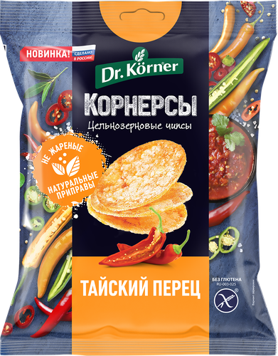Чипсы цельнозерновые рисово-кукурузные DR KORNER с тайским острым 
сладким перцем, 50г, фото