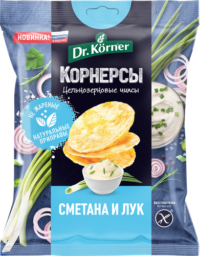 Чипсы цельнозерновые рисово-кукурузные DR KORNER со сметаной и зеленым 
луком, 50г, изображение