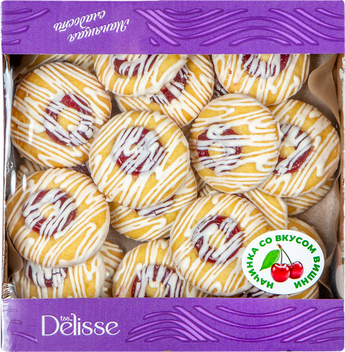 Печенье бисквитное DELISSE со вкусом вишни, в белой глазури, 450г, детальное фото
