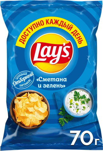 Чипсы картофельные LAY'S со вкусом сметаны и зелени, 70г, крупный план