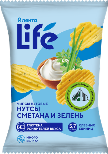 Чипсы нутовые ЛЕНТА LIFE Нутсы Сметана и зелень, 50г, картинка