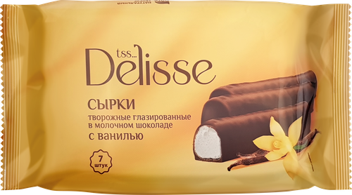 Сырки творожные глазированные DELISSE с ванилью в молочном шоколаде 15%, 
без змж, 175г, крупный план