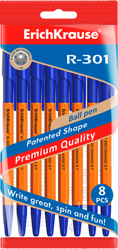 Набор шариковых ручек ERICHKRAUSE R-301 Orange Stick&Grip синий, Арт. 56569, 8шт, фотография