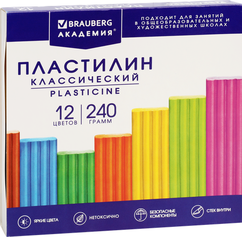 Пластилин BRAUBERG Академия хит 12 цветов, со стеком, Арт. 106423, 240г, изображение