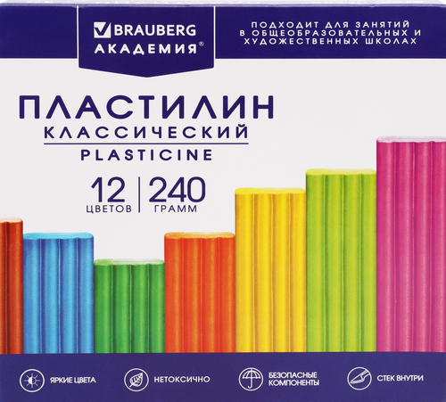 Пластилин BRAUBERG Академия хит 12 цветов, со стеком, Арт. 106423, 240г, вид