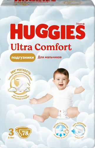 Подгузники для мальчиков HUGGIES Ultra Comfort 3 5–9кг, 78шт, вид