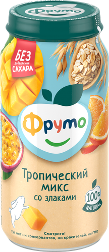 Пюре фруктовое ФРУТОНЯНЯ Тропический микс, яблоко, банан, манго, апельсин и маракуйя, с 8 месяцев, 250г, картинка