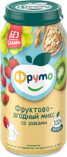 Пюре фруктово-ягодное ФРУТОНЯНЯ Фруктово-ягодный микс, яблоко, земляника, виноград и киви, с 8 месяцев, 250г, детальное фото