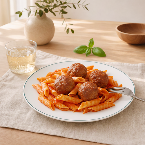 Паста пенне в томатном соусе с куриными фрикадельками ЛЕНТА FRESH, 340г, фотография