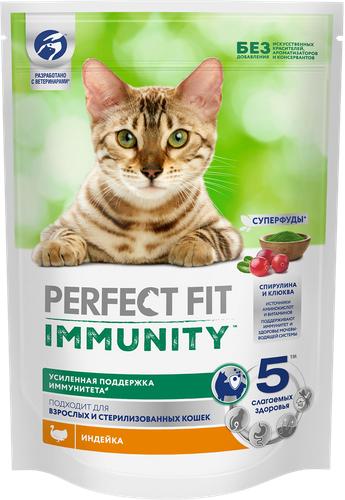Корм сухой для кошек PERFECT FIT Иммунитет с индейкой и добавлением спирулины и клюквы, 580г, картинка