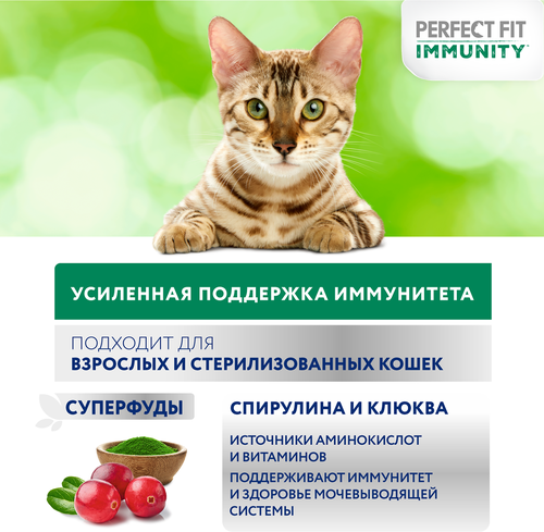Корм сухой для кошек PERFECT FIT Иммунитет с индейкой и добавлением спирулины и клюквы, 580г, картинка