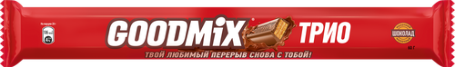 Батончик GOODMIX Классический трио, молочный шоколад с начинкой с хрустящей вафлей, 60г, крупный план