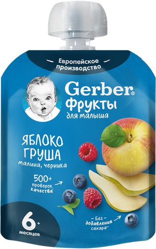 Пюре фруктово-ягодное GERBER Яблоко, груша, малина и черника, с 6 месяцев, 90г, фото