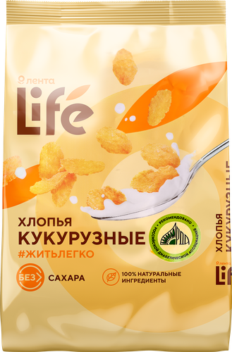 Готовый завтрак ЛЕНТА LIFE Хлопья кукурузные, без сахара, 350г, крупный план