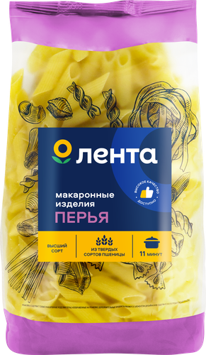 Макароны ЛЕНТА Перья группа А, высший сорт, 450г, вид
