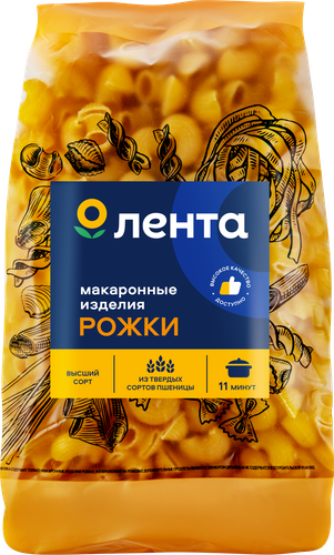 Макароны ЛЕНТА Рожки группа А, высший сорт, 450г, детальное фото