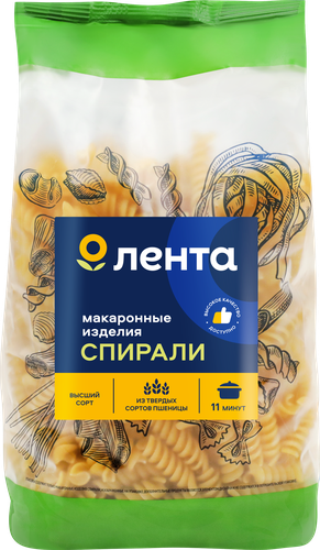 Макароны ЛЕНТА Спирали группа А, высший сорт, 450г, изображение