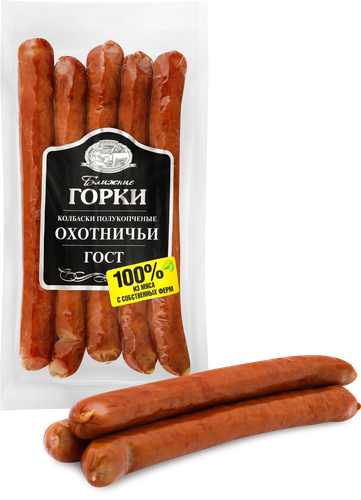 Колбаски полукопченые БЛИЖНИЕ ГОРКИ Охотничьи ГОСТ, 250г, детальное фото
