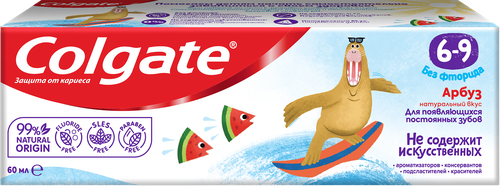 Зубная паста детская COLGATE Арбуз, без фторида, 6–9 лет, 60мл, детальное фото