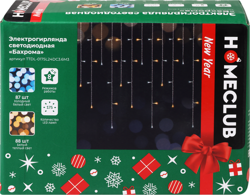 Электрогирлянда Homeclub, Бахрома, 8 режимов, таймер, 175 LED, теплый/холодный белый, 7.5x0.5м, фотография