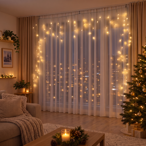 Электрогирлянда Homeclub, Бахрома, 8 режимов, таймер, 175 LED, теплый/холодный белый, 7.5x0.5м, крупный план