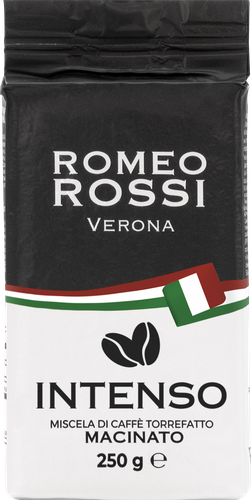 Кофе молотый ROMEO ROSSI Intenso натуральный жарнный, 250г, крупный план