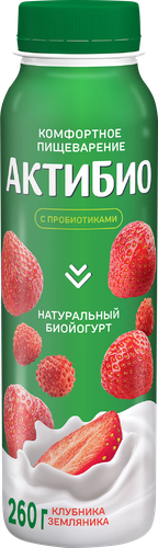 Биойогурт питьевой АКТИБИО Клубника, земляника 1,5%, без змж, 260г, крупный план