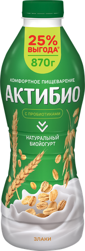 Биойогурт питьевой АКТИБИО Злаки 1,6%, без змж, 870г, картинка