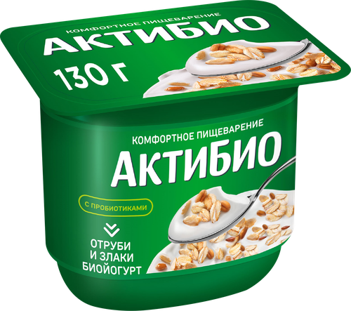 Биойогурт АКТИБИО Отруби, злаки 2%, без змж, 130г, крупный план