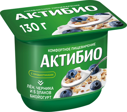 Биойогурт АКТИБИО Черника, 5 злаков, лен 3%, без змж, 130г, изображение