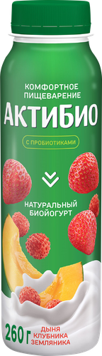 Биойогурт питьевой АКТИБИО Дыня, клубника, земляника 1,5%, без змж, 260г, крупный план