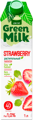 Напиток соевый GREEN MILK Клубника, без змж, 1000мл, картинка