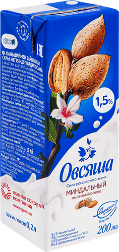 Напиток на овсяной основе ОВСЯША Миндальный 1,5%, 200мл, картинка