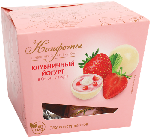 Конфеты Клубничный йогурт в белой глазури, 130г, крупный план