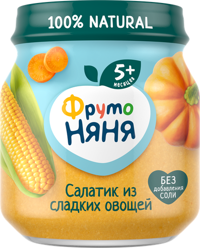Пюре овощное ФРУТОНЯНЯ Салатик из сладких овощей, кукуруза, тыква и морковь, с 5 месяцев, 110г, вид